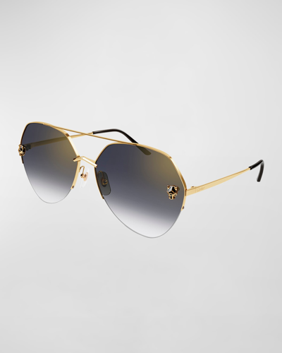 Shop Cartier Panther Rounded Geometric Metal Sunglasses In Gold