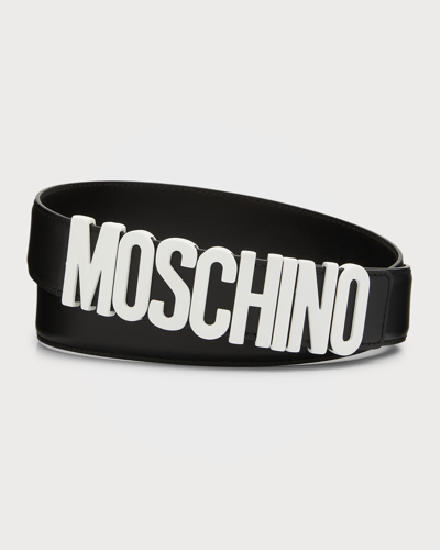 Shop Moschino Men's Metal Logo Leather Belt In Black Multi