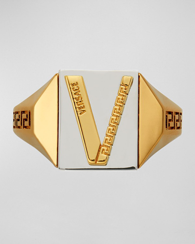 Shop Versace Men's Two-tone V-greca Ring In Gold