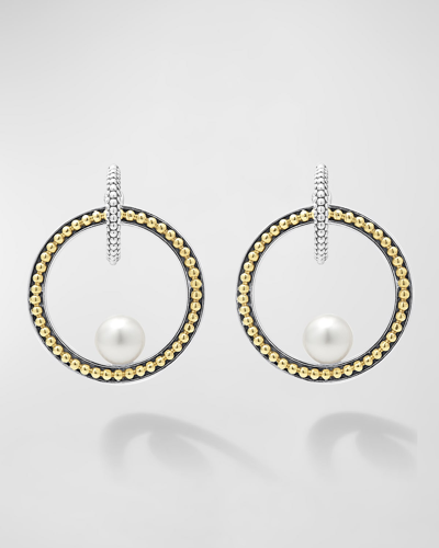 Shop Lagos Luna Pearl 23mm Caviar Circle Post Earrings With Drops In Silver