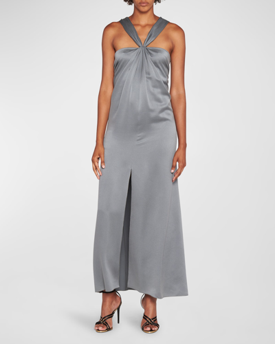 Shop Giorgio Armani Gathered Halter Silk Gown In Grey