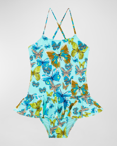 Shop Vilebrequin Girl's Butterfly Jersey One-piece Swimsuit In Spry Lagoo