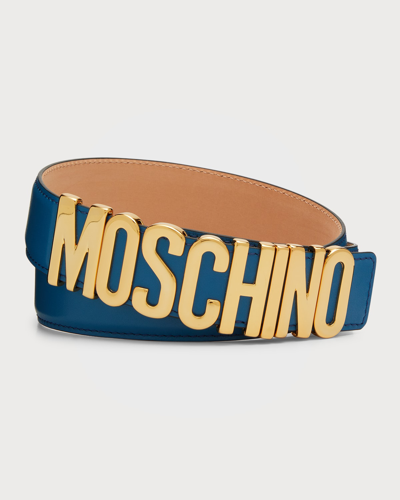 Shop Moschino Men's Metal Logo Leather Belt In Blue
