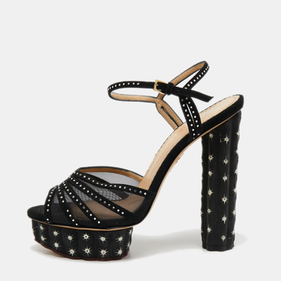 Pre-owned Charlotte Olympia Black Suede And Mesh Cactus Crystal Studded Ankle Strap Platform Sandals Size 40
