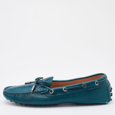 Pre-owned Tod's Teal Blue Lizard Embossed Leather Bow Slip On Loafers Size 37.5