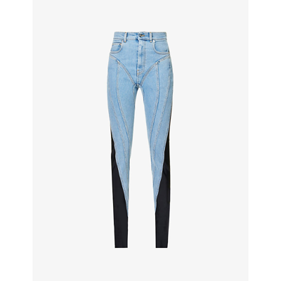 Shop Mugler Womens Medium Blue Black Spiral Seam-embellished Skinny High-rise Stretch-denim Jeans