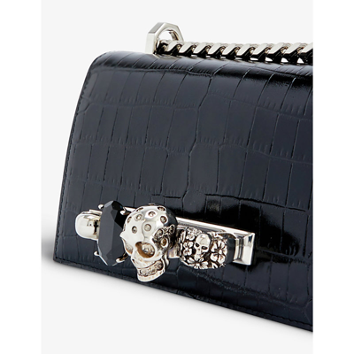 Shop Alexander Mcqueen Womens Black Silver Skull And Jewel-embellished Mini Croc-embossed Leather Cross-b