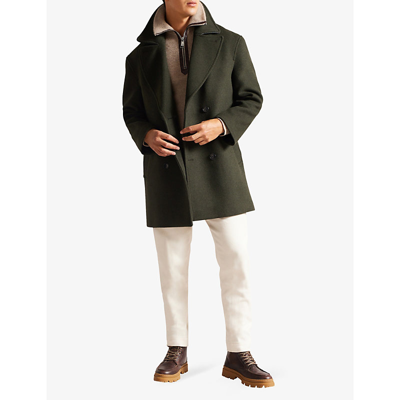 Shop Ted Baker Men's Khaki Faux Leather-trim Double-breasted Wool-blend Coat