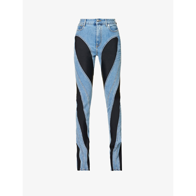 Shop Mugler Women's Medium Blue Black Spiral Seam-embellished Skinny High-rise Stretch-denim Jeans