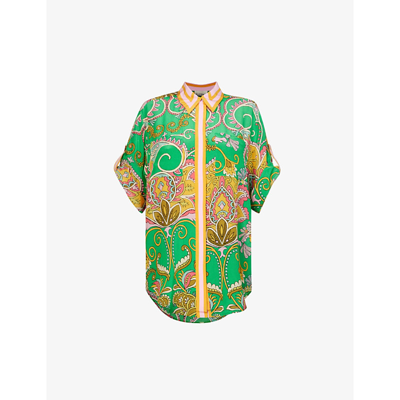 Shop Alemais Women's Emerald Marion Abstract-print Contrast-trim Silk Shirt