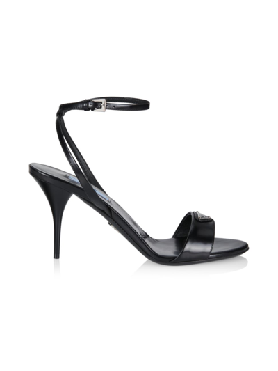 Shop Prada Women's Logo 85 Leather Ankle-strap Sandals In Nero