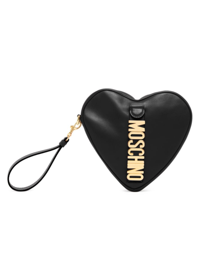 Shop Moschino Women's Heart Logo Leather Clutch In Black
