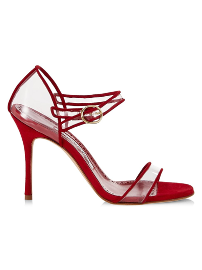 Shop Manolo Blahnik Women's Fersen 105mm Suede-trimmed Pvc Sandals In Red