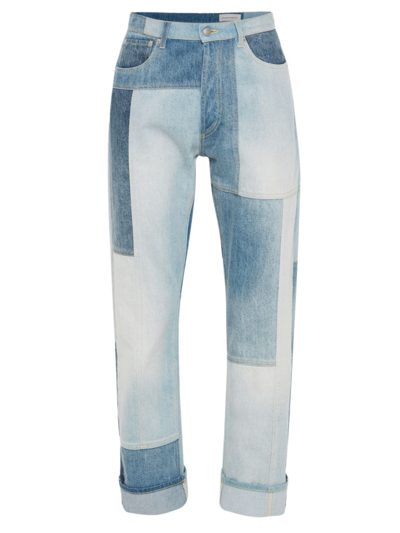 Shop Alexander Mcqueen Men's Patchwork Straight-fit Wide-leg Jeans In Blue
