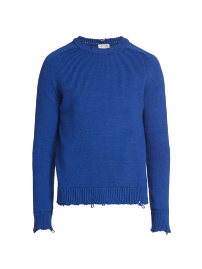 Shop Saint Laurent Men's Frayed Cotton Sweater In Blue Electrique