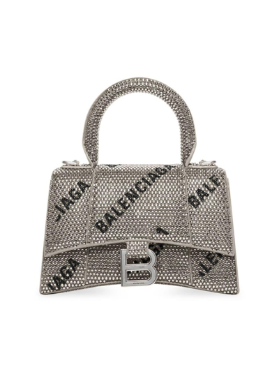 Shop Balenciaga Women's Hourglass Xs Handbag With Chain And Allover Logo Rhinestones In Silver Black