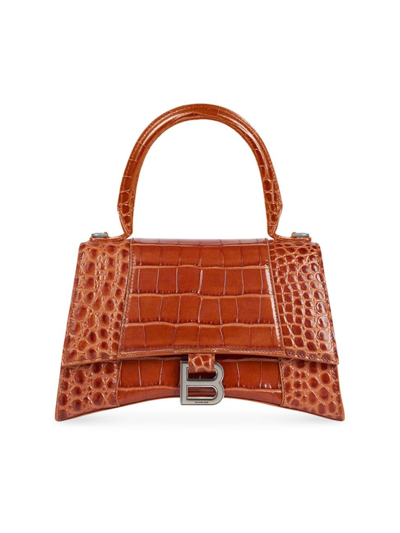 Shop Balenciaga Women's Hourglass Small Handbag Crocodile Embossed In Camel