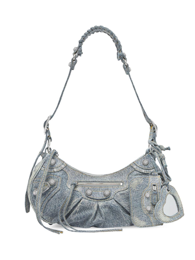 Shop Balenciaga Women's Le Cagole Small Shoulder Bag In Denim With Rhinestones In Blue