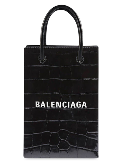 BALENCIAGA Leather Phone Holder Shopping Tote Shoulder Bag Black