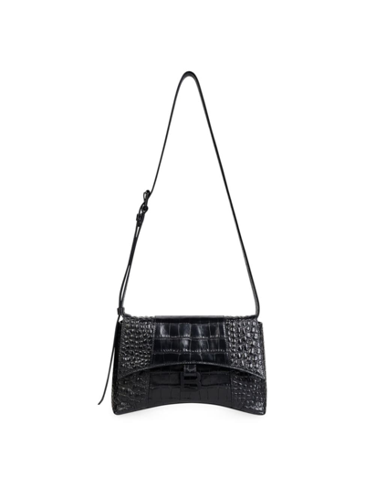 Shop Balenciaga Women's Downtown X-small Crocodile Embossed Shoulder Bag In Black