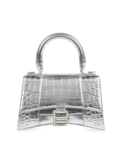 Shop Balenciaga Women's Hourglass Xs Handbag Crocodile Embossed In Silver