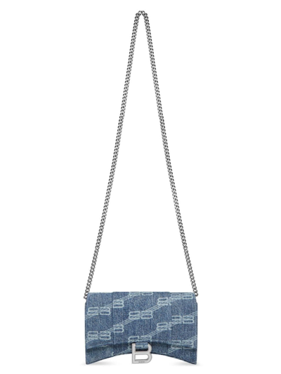 Shop Balenciaga Women's Hourglass Wallet With Chain Bb Monogram Denim In Blue