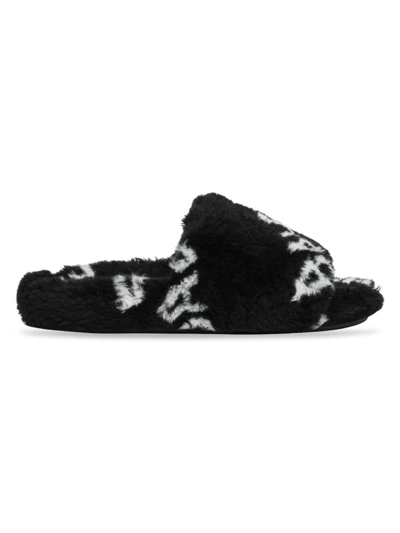 Shop Balenciaga Women's Furry Slide Sandal Allover Logo In Black White