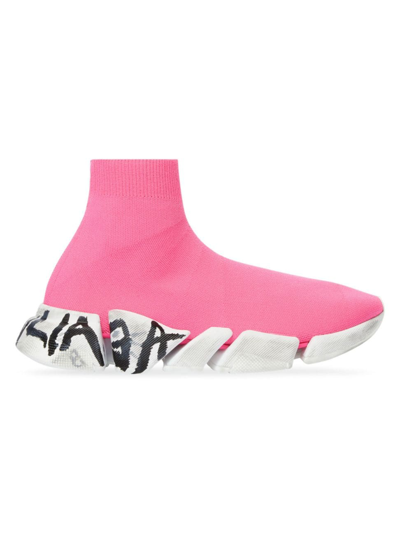 Shop Balenciaga Women's Speed 2.0 Graffiti Recycled Knit Sneakers In Pink