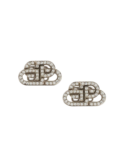 Shop Balenciaga Women's Bb Xs Stud Earrings In Silver Crystal