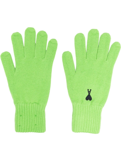 Shop Ami Alexandre Mattiussi Logo-embroidered Merino Gloves In Green