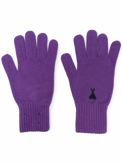 Shop Ami Alexandre Mattiussi Logo-embroidered Merino Gloves In Purple