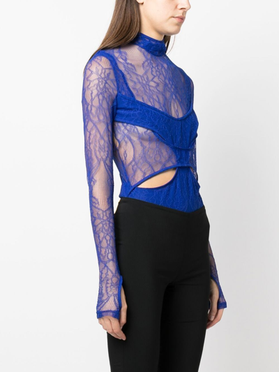 Shop Dion Lee Sheer Lace Masked Bodysuit In Blue