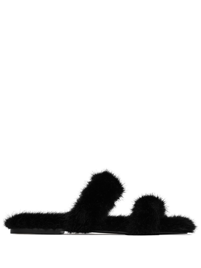 Shop Saint Laurent Faux-fur Slides In Black