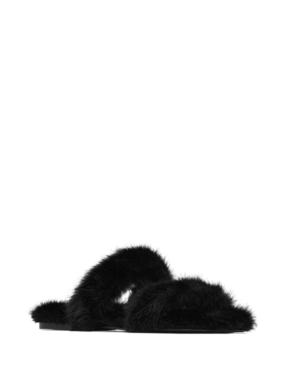 SAINT LAURENT: flat sandals in mink fur - Black