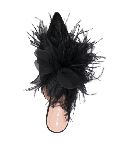 Shop Alberta Ferretti Feather-detail Satin Mules In Black