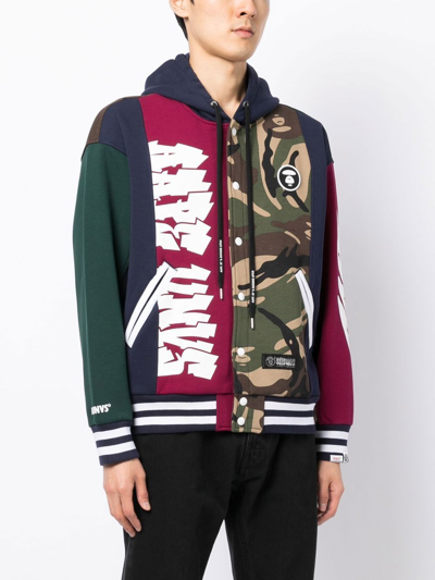 Shop Aape By A Bathing Ape Panelled Button-up Hoodie In Blue