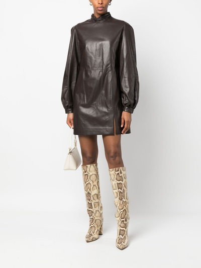 Shop Raquel Diniz High-neck Leather Mini Dress In Brown