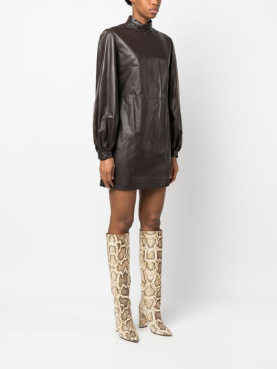 Shop Raquel Diniz High-neck Leather Mini Dress In Brown