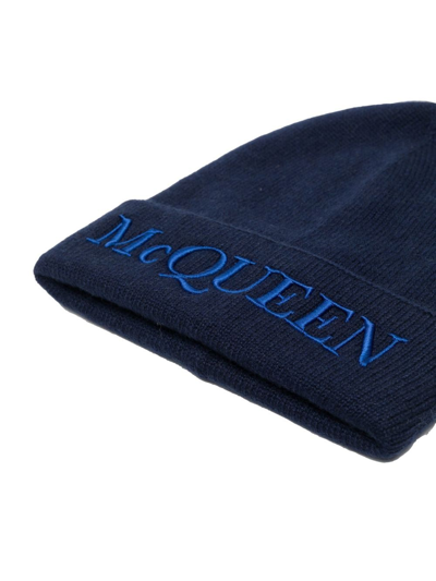 Shop Alexander Mcqueen Logo-embroidered Cashmere Beanie In Blue