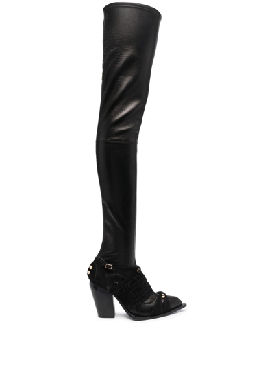 Shop Hardot Fringed-panel Thigh Boots In Black