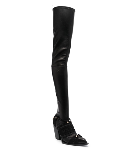 Shop Hardot Fringed-panel Thigh Boots In Black