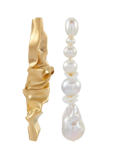 Shop Completedworks ‘crumple' 14k Gold Plated Sterling Silver Freshwater Pearl Ceramic Mismatched Earrings In Metallic