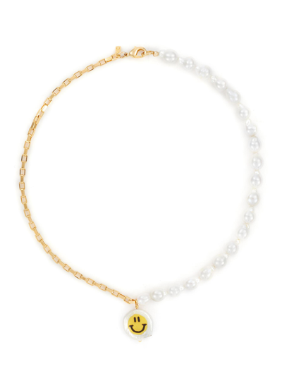 Shop Martha Calvo ‘all Smiles' 14k Gold Plated Freshwater Pearl Smiley Charm Box Chain Necklace In Metallic