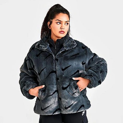 Shop Nike Womens Sportswear Plush Fur All-over Print Jacket In Dark Smoke Grey/black/black