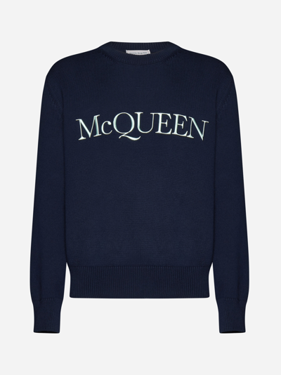 Shop Alexander Mcqueen Logo Cotton Sweater In Navy,mint