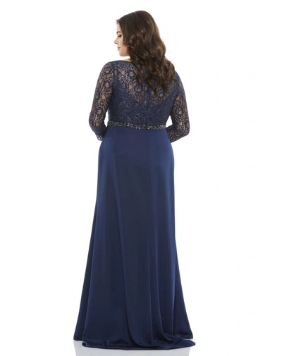 Mac Duggal Navy Lace Illusion Long Sleeve V-neck Draped Gown (plus) In Midnight