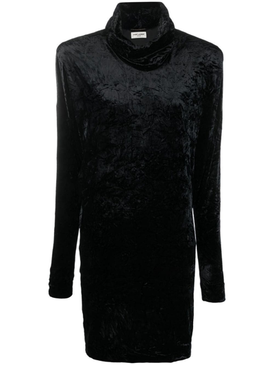 Shop Saint Laurent Roll-neck Velvet Effect Minidress In Black