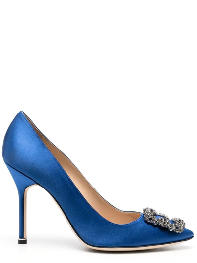 Shop Manolo Blahnik Blue Hangisi Pumps With Jewel Detail