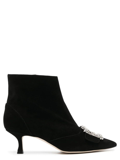 Shop Manolo Blahnik Black Baylow Suede Ankle Boot With Jewel Detailing