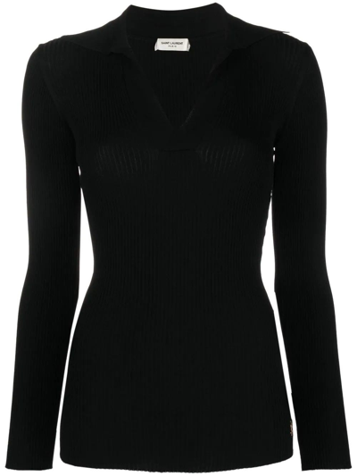 Shop Saint Laurent Black Ribbed Long Sleeve V-neck Sweater